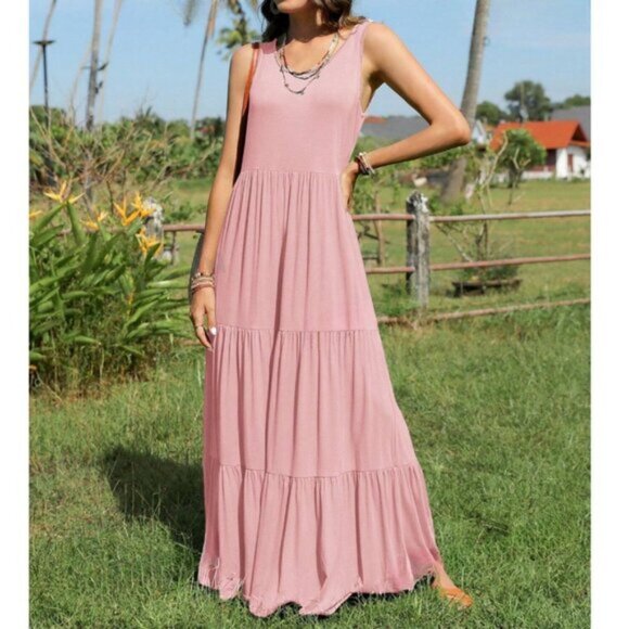 Ruffle Hem Smock Maxi Dress Pink - Picture 3 of 4